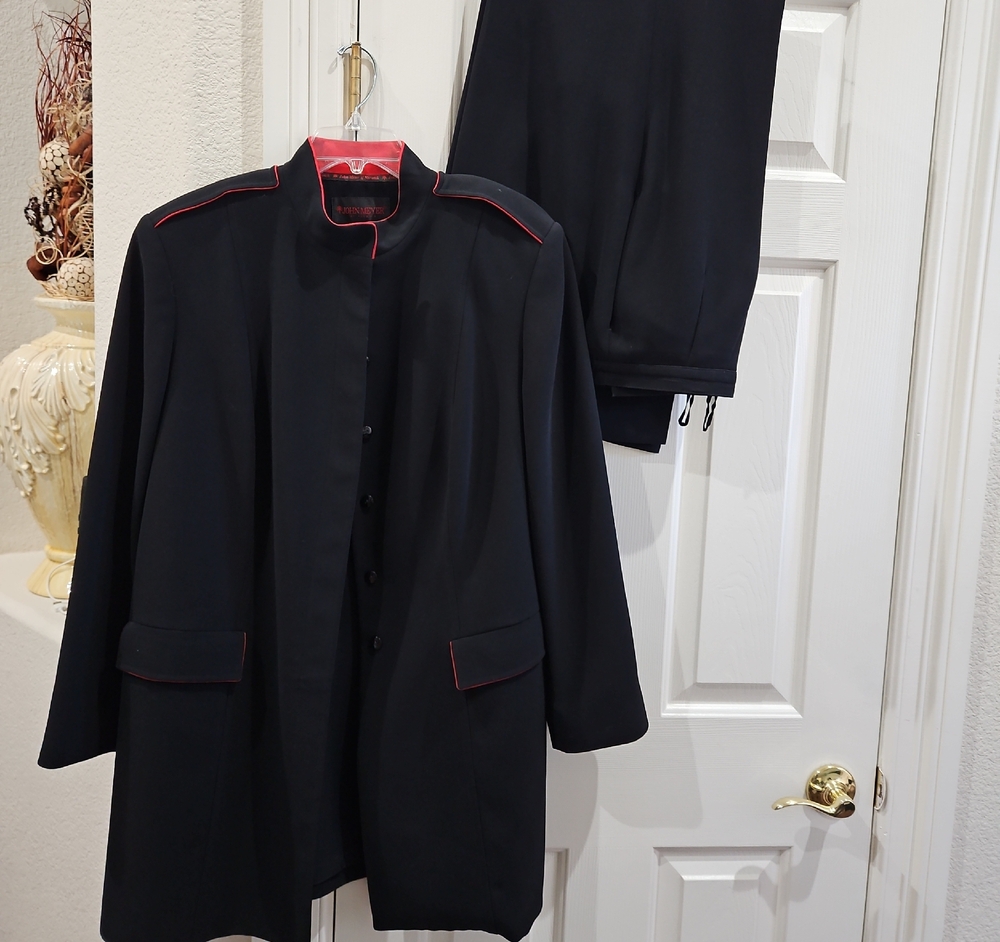 Elegant 2pc Black Trench Coat Blazer with Red Trim